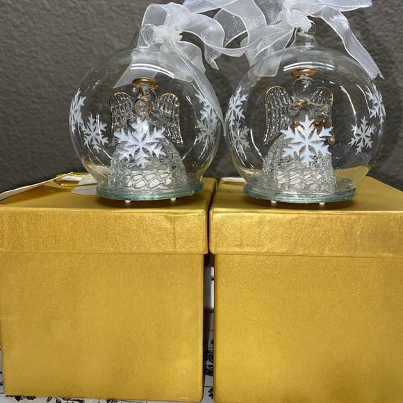 * Glass Angel Ornaments blown glass drummer trumpet player in clear globe 2 set - Picture 10 of 12